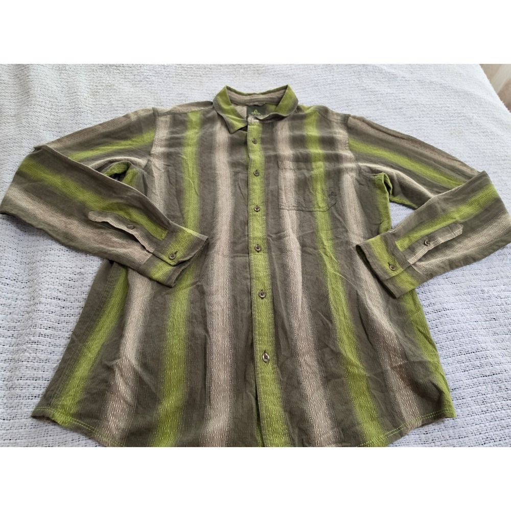 Prana Mens Medium Green Brown Textured Vertical Stripe Button Down Shirt L/S